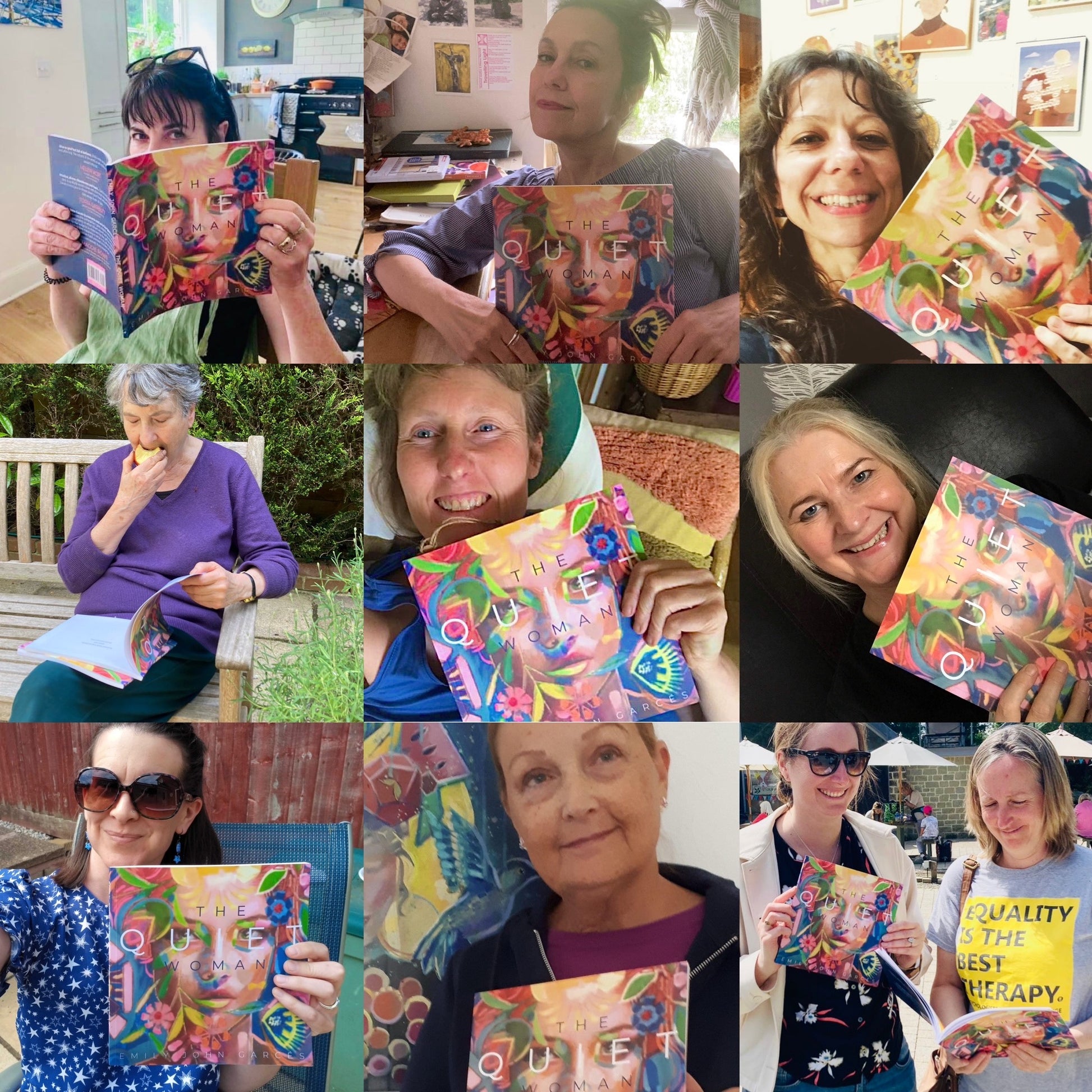 a montage of nine selfies showing nine woman holding their individual copies of The Quiet Woman and looking appreciative